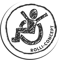 Runde Zeichnung mit einer Person im Rollstuhl und Text 'Rolli-Concept'